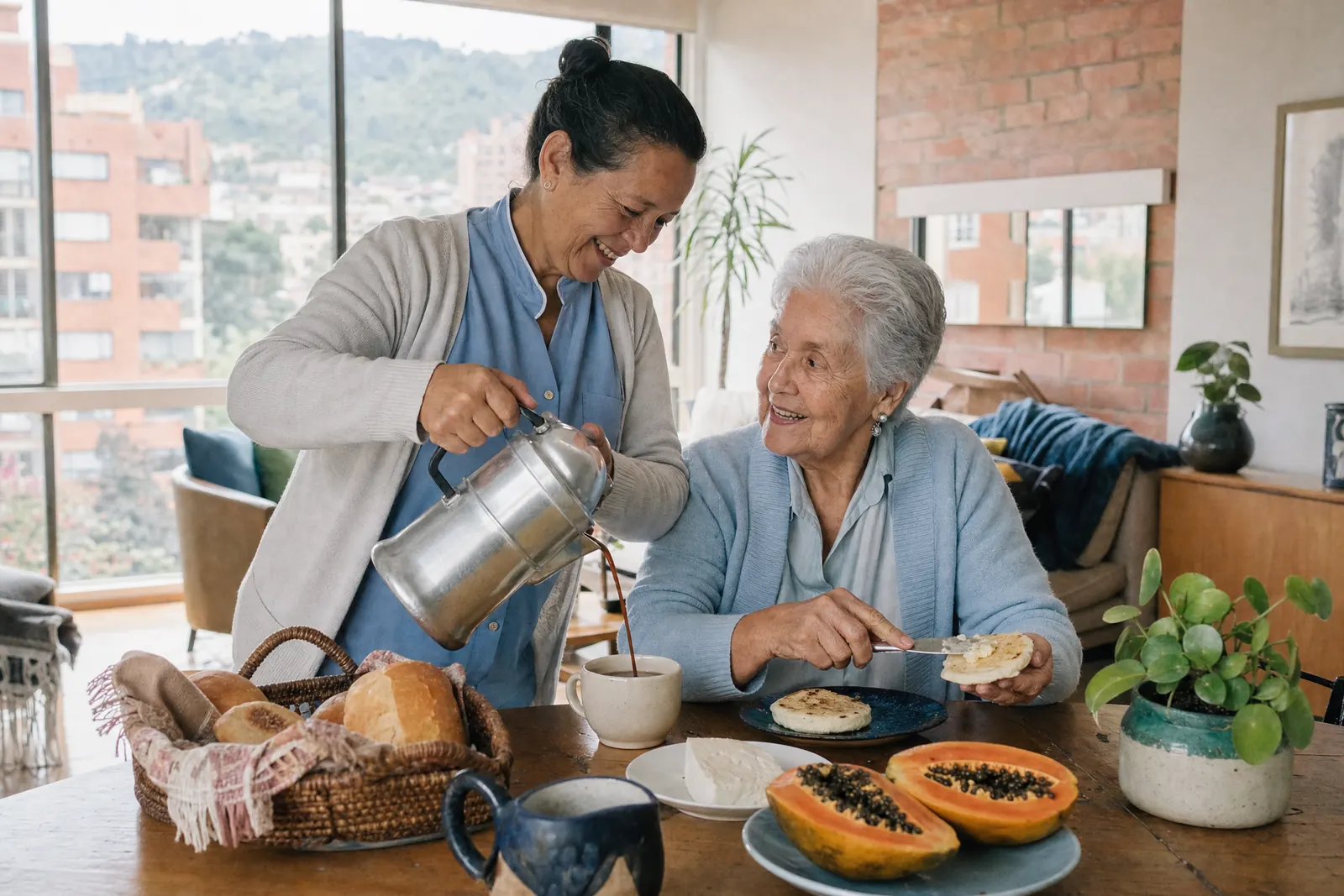 Cuidadora comparte el desayuno con una persona mayor en su casa durante la rutina de la mañana