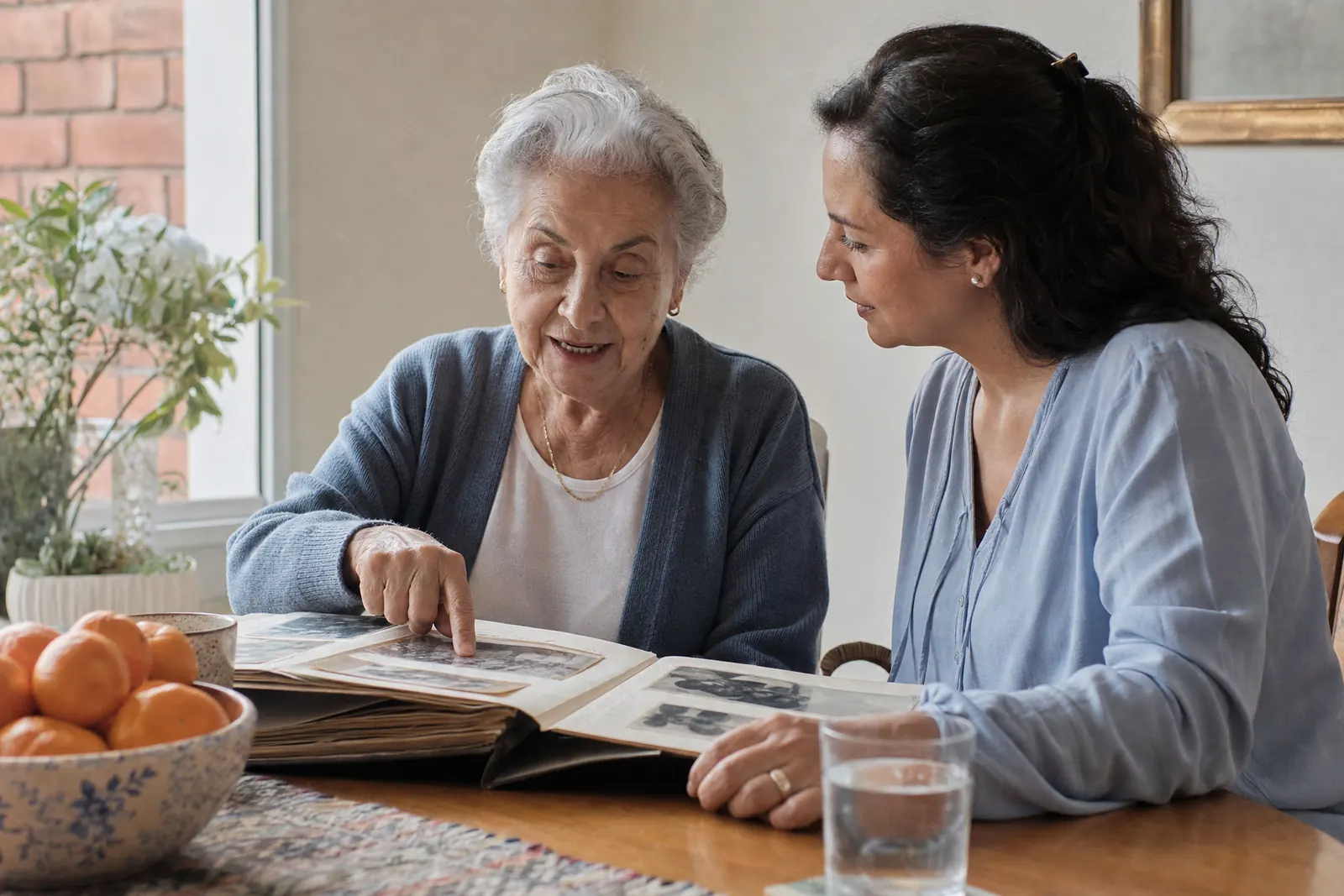Cuidadora mira un álbum de fotos familiares con una persona mayor con Alzheimer en la sala de su casa