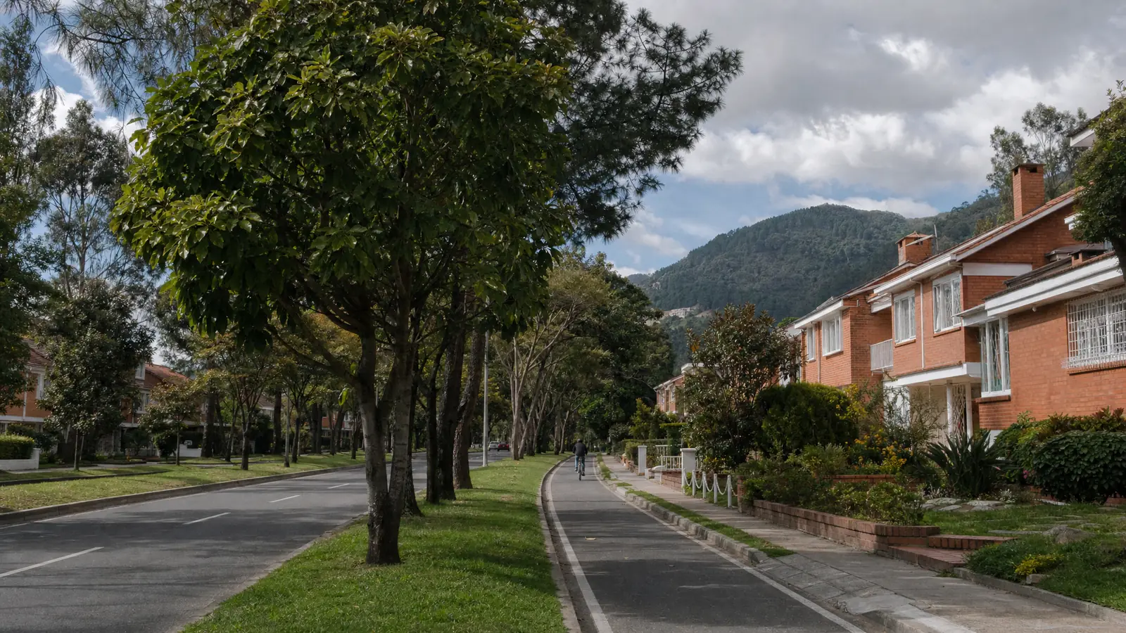 Calle residencial de Niza con casas de ladrillo de dos pisos y árboles