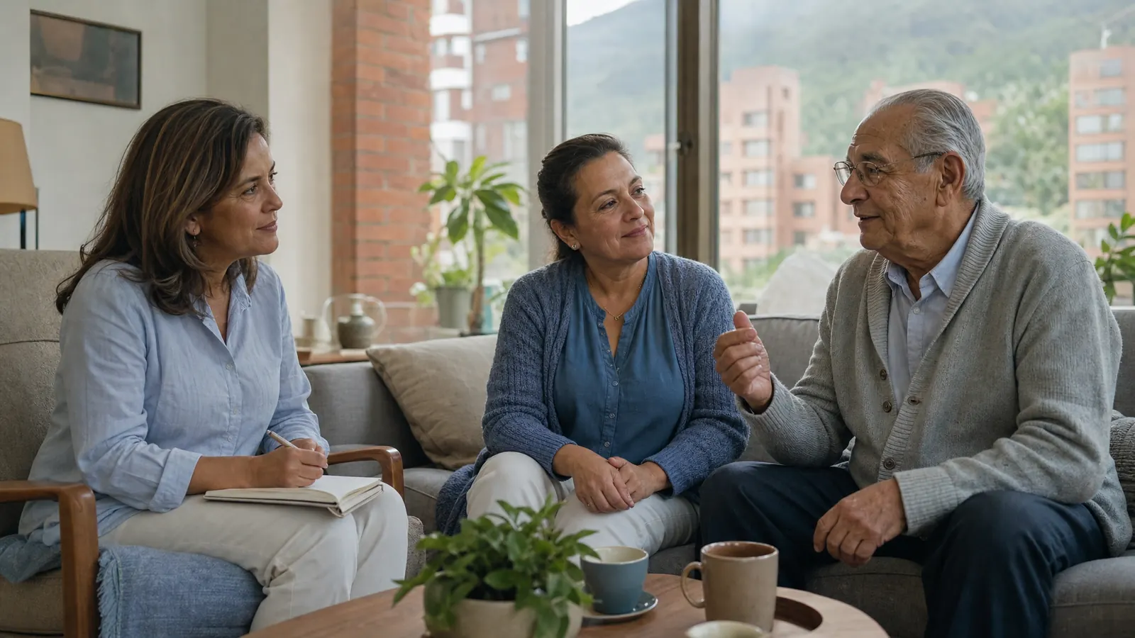 Hija y cuidadora conversan en la cocina mientras el padre mayor escucha sentado a la mesa en Bogotá