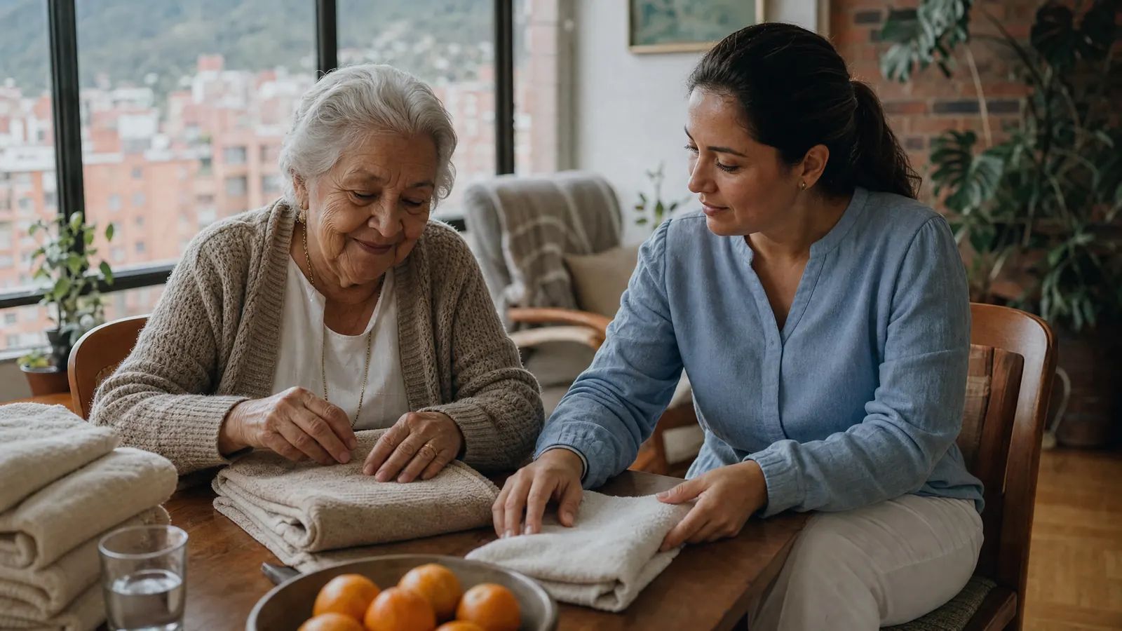 Señor mayor con Alzheimer mira un álbum de fotos familiares junto a su cuidadora en la sala de su casa en Bogotá