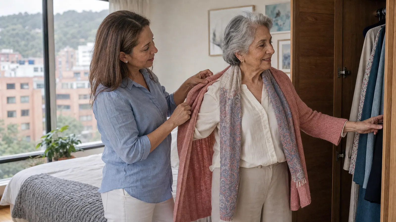 Cuidadora ayuda a una señora mayor a levantarse del sillón en la sala de su apartamento en Bogotá
