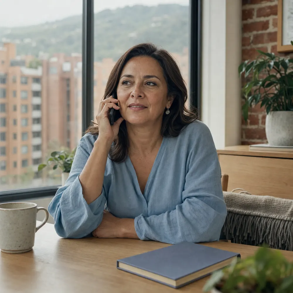 Hija escribe un mensaje desde su celular en un café de Bogotá para pedir información sobre el cuidado de su mamá