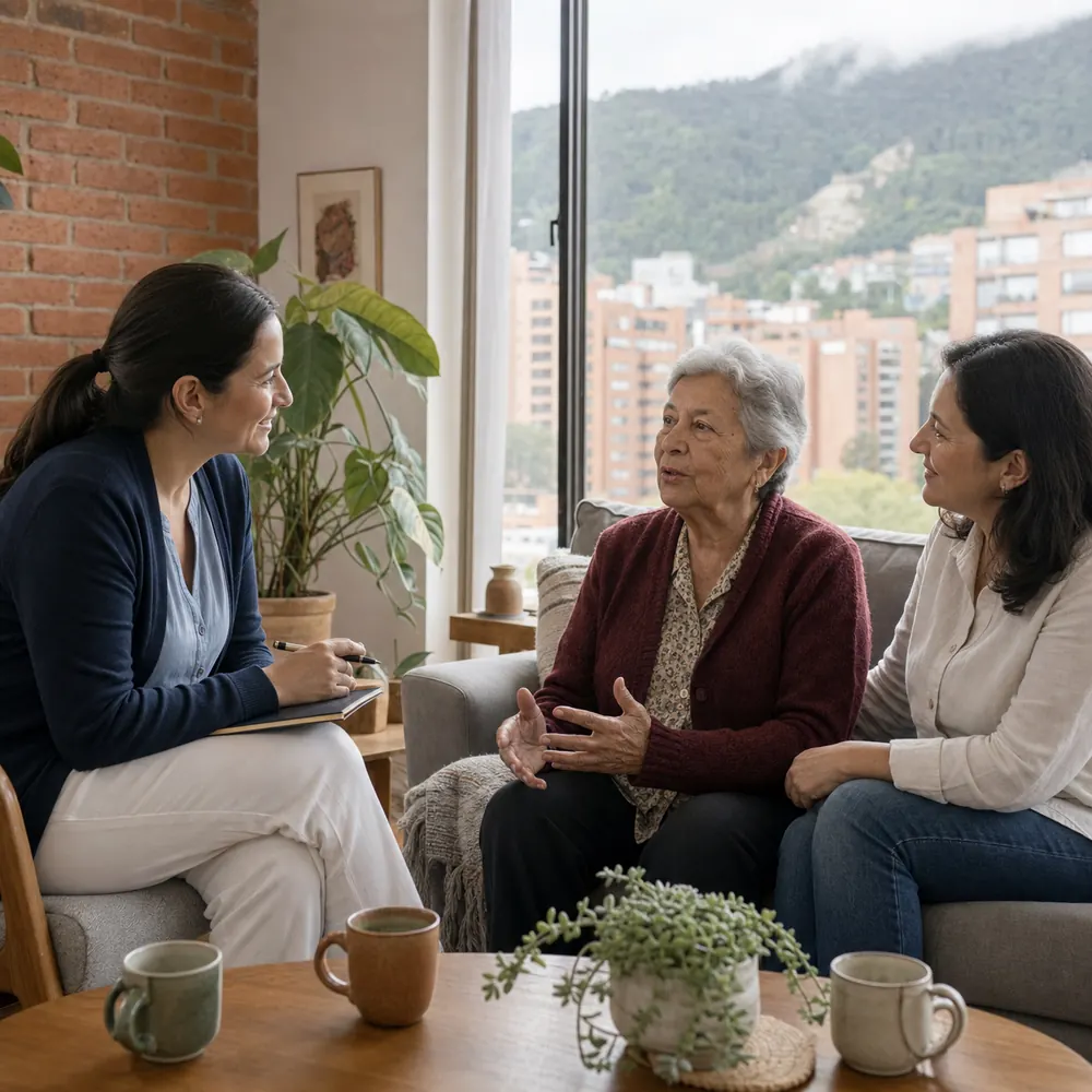 Una familia recibe a la cuidadora en la puerta de su apartamento con un saludo cálido