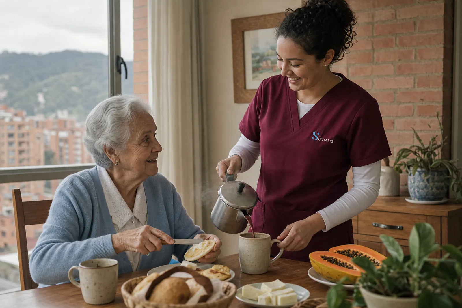 Cuidadora comparte el desayuno con una señora mayor en la cocina de su apartamento