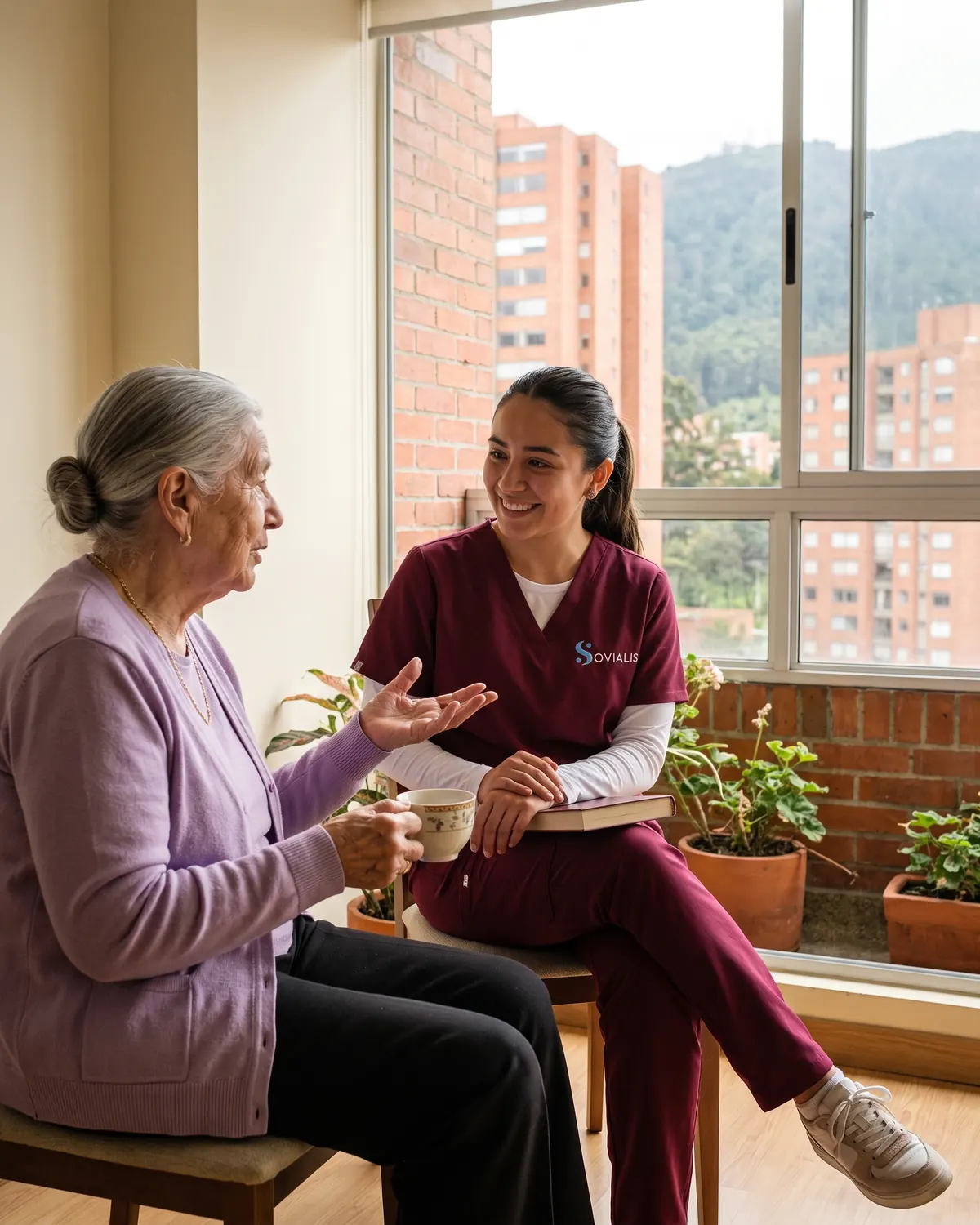 Cuidadora escucha sonriente a una señora mayor que toma café en el balcón de su apartamento