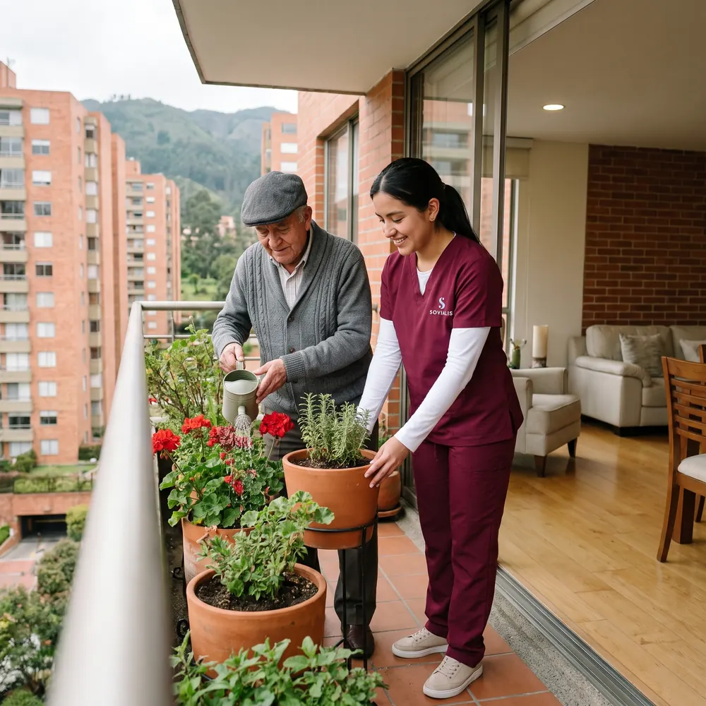 Cuidadora y adulto mayor riegan juntos las plantas del balcón en una mañana soleada