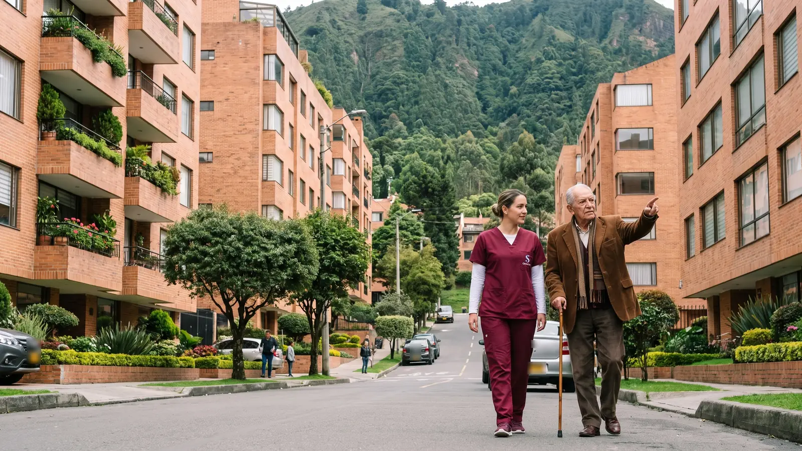 Calle arbolada de Santa Bárbara con edificios residenciales de ladrillo y los cerros orientales al fondo