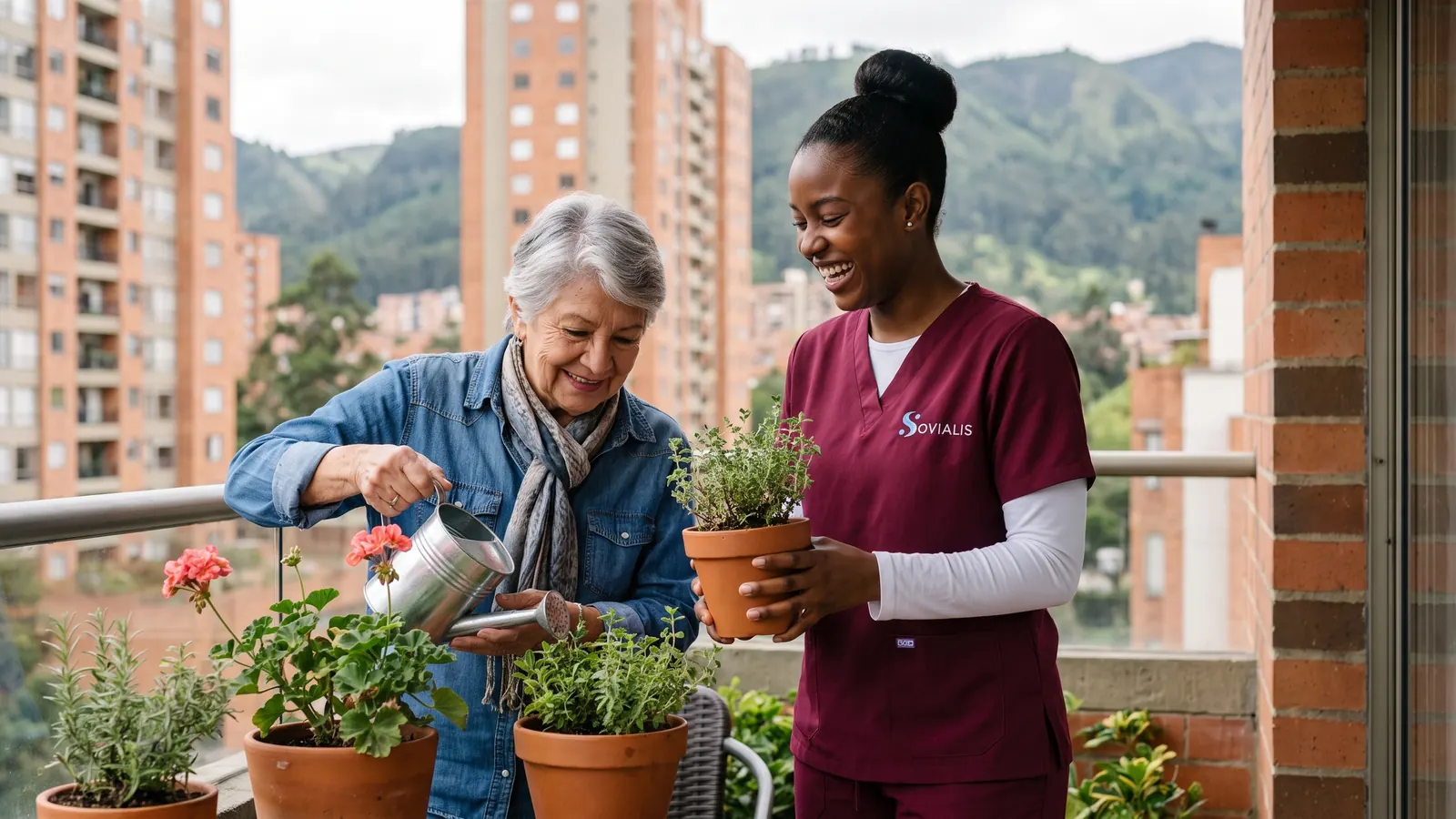 Señora mayor y su cuidadora riegan las matas del balcón de un apartamento en el norte de Bogotá