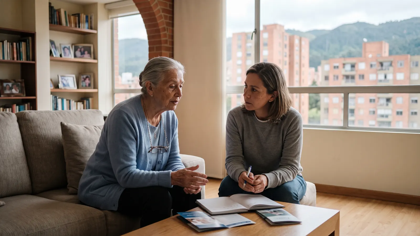 Señora mayor y su hija conversan en la sala de su casa en Bogotá mientras revisan opciones de cuidado