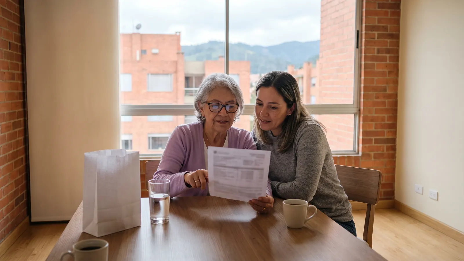 Hija adulta y su mamá revisan juntas una orden médica en la mesa del comedor de su apartamento en Bogotá